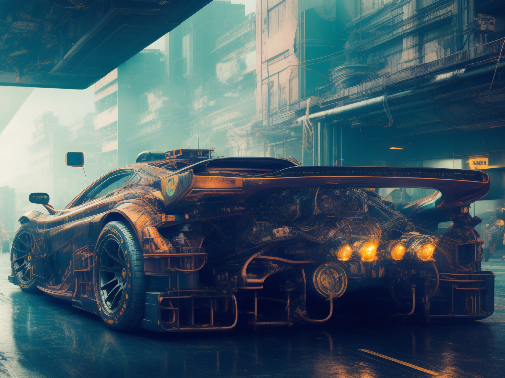 04622-3682360497-fking_scifi_v2, photo of a ((Ferrari_F1_1.5)_0.65) car, Cyberpunk theme, Emerald armour plating, Intricate, with orange accents,.png